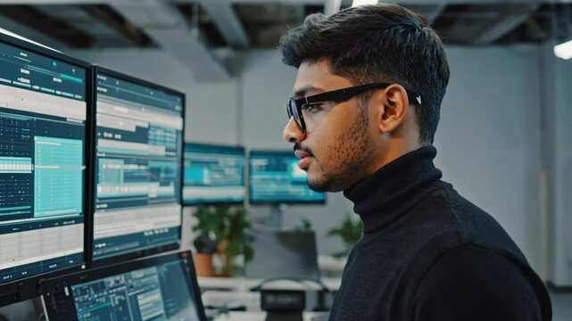 Young Indian IT Professional Analyzing Data on Multiple Computer Screens