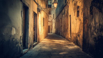 Fototapeta premium A moody urban alley scene with crumbling walls and deep shadows evoking timeless mysterious history