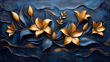 bas-relief art beautifully of Many fresh floral composition, golden lilies flowers. The background is dark blue, creating contrast
