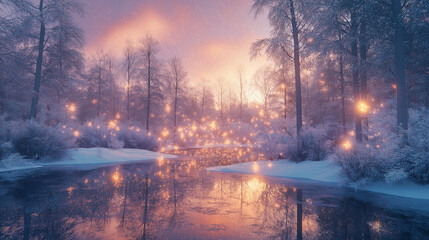 A beautiful aurora scene over a frosty forest with glowing, dancing celestial lights in winter