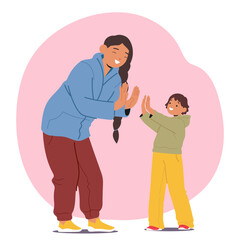 Mother and son playing patty-cake game having fun spending joyful time together sharing excitement