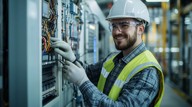 Smiling electrical engineer wearing a hard hat, safety glasses, and high-visibility vest working on an industrial control panel. Technology and engineering concept - Powered by Adobe