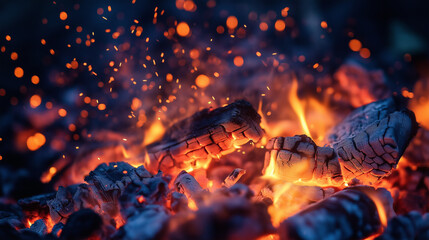 A close-up of a glowing campfire with embers flying high, igniting warm wilderness passion vividly