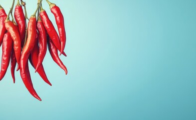赤い唐辛子が青い背景に吊るされている様子