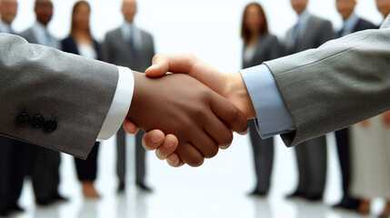 Business handshake between diverse professionals with team in background