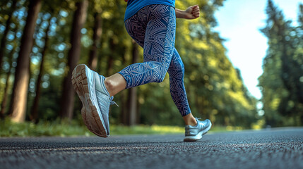 Woman jogging on forest path wearing blue patterned leggings and running shoes