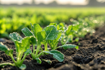 In the early morning light, vibrant green leaves glisten with droplets of dew adorning a lush farm field