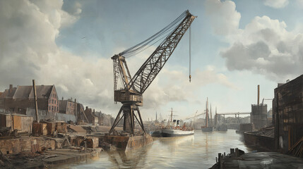 A high crane positioned at a river edge with ships passing by in industrial harmony