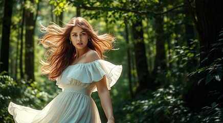 A young woman with flowing red hair stands gracefully in a lush forest. Her elegant off-shoulder white and blue dress contrasts beautifully with the natural greenery.