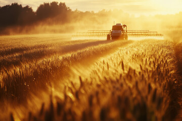 A serene moment depicting a tractor meticulously spraying crops during the enchanting golden hour in a vast field