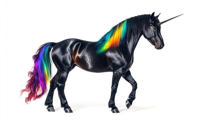 Fototapeta premium A unicorn with rainbow colored hair is walking on a white background
