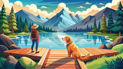 Obraz premium dog on a journey. Nova Scotia retriever by a mountain lake on a wooden bridge. A trip with a pet to nature