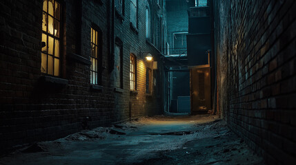 Obraz premium Gritty Dimly Lit Alleyway Featuring Weathered Brick Walls and Intriguing Urban Decay in Moody Lighting