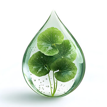 Green centella asiatica leaves floating in water drop promoting natural skincare