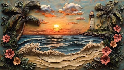 3D relief, bas-relief art style, tropical beach sunset with palm trees and flowers in the foreground, ocean waves, green plants surrounding the artwork.