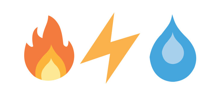 Fire lightning water icons energy sources power symbols natural elements vector illustration simple design