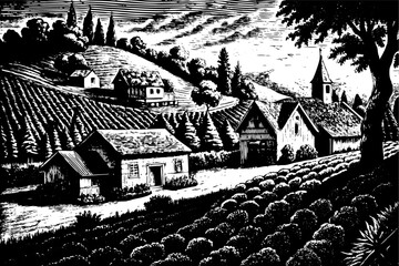 Vintage Rural Landscape Illustration with Farmhouses and Fields in Black and White Woodcut Style