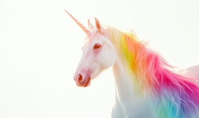A unicorn with rainbow colored hair is standing in front of a white background