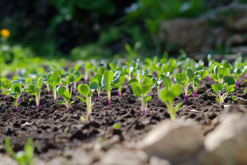 A closeup view of vibrant young green seedlings delicately emerging from the rich soil in a sunny garden