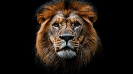 Fototapeta premium Majestic lion portrait against black backdrop