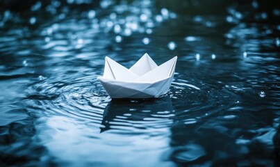 Fototapeta premium A white paper boat is floating on a body of water
