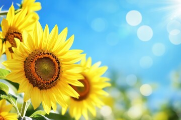 Obraz premium 夏の青空の下で咲くひまわりと柔らかな光が差し込む風景