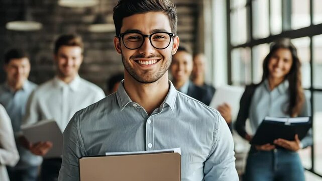 In a vibrant office, a cheerful young man holds a folder among engaged colleagues, symbolizing effective teamwork and modern business dynamics crucial for success in todays competitive landscape