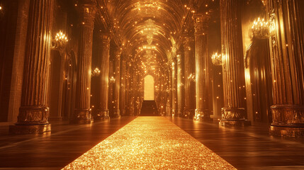 Glittering golden carpet leading to a large majestic entrance with regal sophistication for luxury events