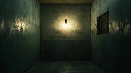 Solitary uninviting prison cell featuring a small dimly lit interior evoking stark isolation and despair