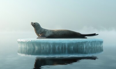 A seal is laying on top of a large block of ice