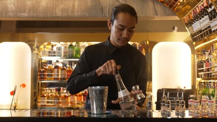 Asian bartender pouring mixed cocktail juice liqueur all ingredient into sliver shaker alcohol drink, making special advertisement creative tasty, focused refreshing showcase at bar luxury. Vinosity.