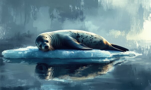 A seal is laying on top of a block of ice