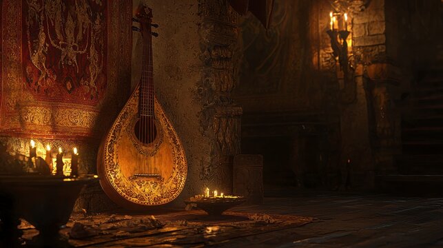 Traditional Lute in Candlelit Corner