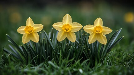 Fototapeta premium Three Daffodils in Spring Meadow