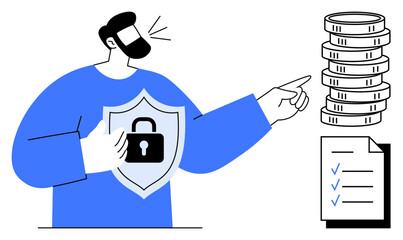 Man pointing at stacked coins, holding a shield with a lock symbol. Nearby checklist suggests data protection and financial security. Ideal for cybersecurity, finance, trust, compliance, investment