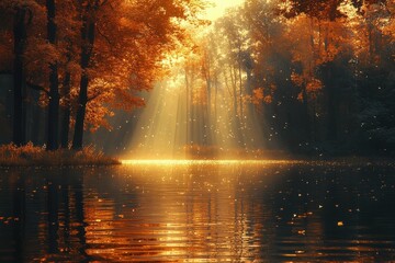 Naklejka premium Moments of Reflection and Gratitude as Sunlight Pierces Through the Trees, Illuminating a Serene Forest Filled With Warm Golden Tones and Delicate Sparks