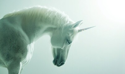 A white unicorn with a long horn is looking at the camera