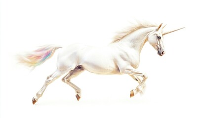 A unicorn with a rainbow tail is running across a white background