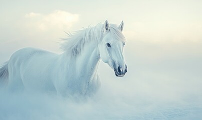 Naklejka premium A white horse is running through a snowy field