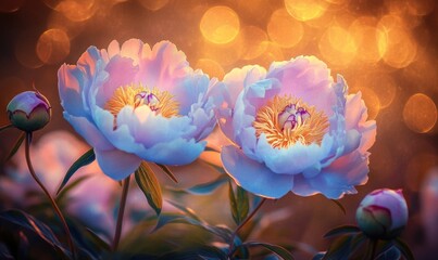 Two blue flowers with yellow centers are in a field