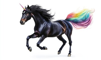 Fototapeta premium A unicorn with rainbow colored mane and tail is running. Black unicorn on white background
