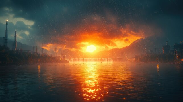 Epic sunset over a city by a lake, rain falling
