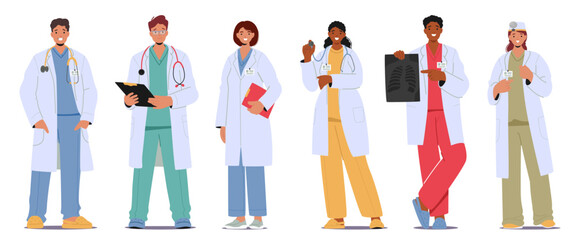 Doctors cartoon characters set with medical staff providing patient diagnosis and consultation