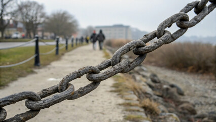 Rusty chain link fence along a city path in a muted autumnal setting.