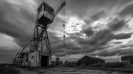 Tower crane standing tall against a cloudy sky, symbolizing monumental engineering strength and urban progress
