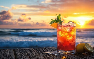 Coconut rum punch with citrus garnish, ocean waves crashing in the distance, sunset sky