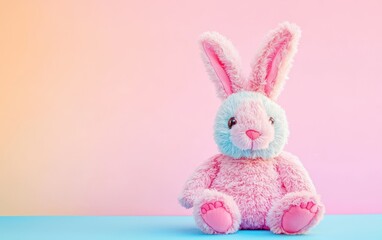 Obraz premium Colorful Easter bunny plush toy sitting on a pastel-colored background