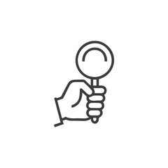Fototapeta premium Hand holding magnifying glass outline icon for search, research, and investigation concepts