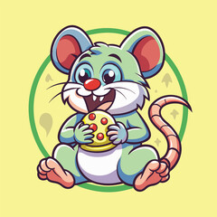 Cute Rat Mascot Logo Character Eating Cheese Vector Graphic