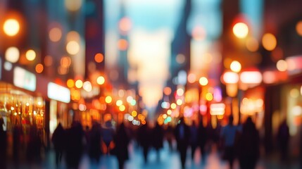 Soft focus city street at twilight with warm glowing lights and movement